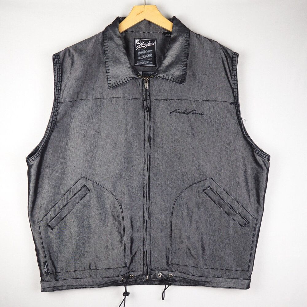 Vintage Y2K Karl Kani Denim Jean Vest Men XXL Iridescent Black Sleeveless Jacket